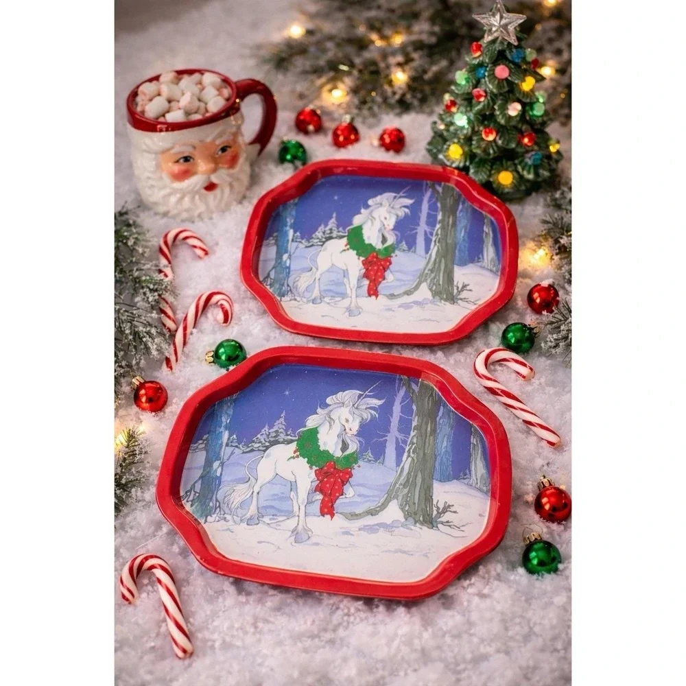 VTG Hartin Unicorn Christmas Serving Trays Set 2 Red Holiday 7.5